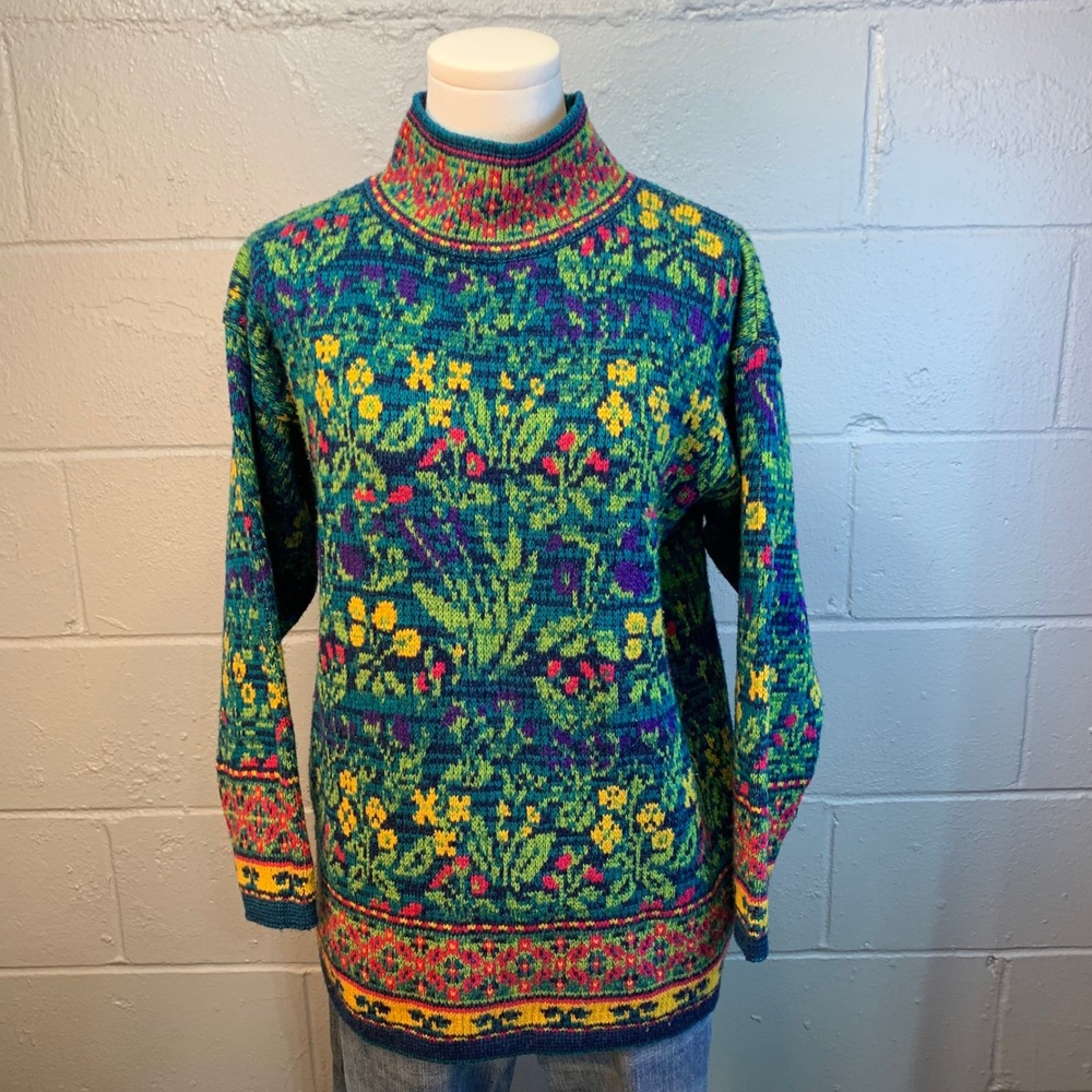 The Limited Floral Mock Neck Knit Sweater Women P/S Green Yellow Red Blue